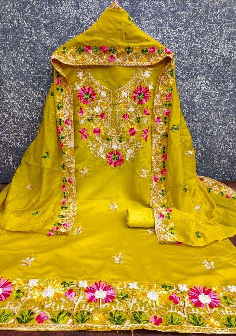 Yellow Embroidery Silk Kurta Set - Indya