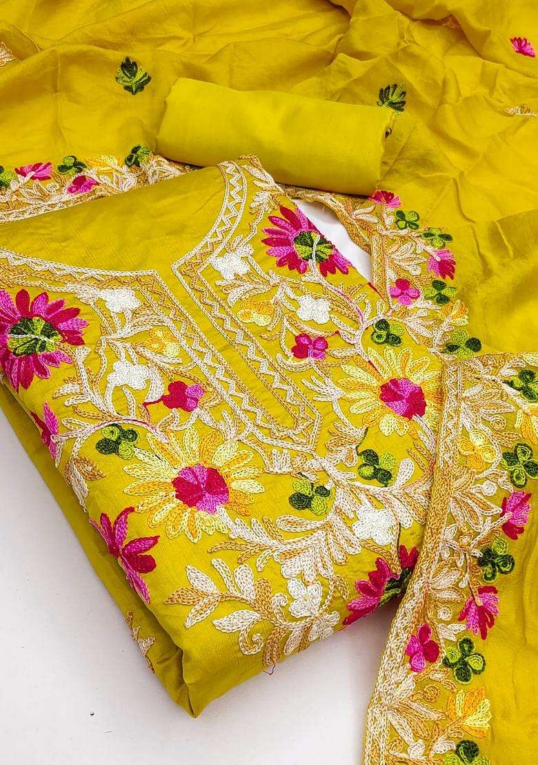 Yellow Embroidery Silk Kurta Set - Indya