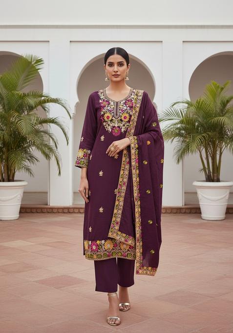 Lavender Embroidery Silk Kurta Set