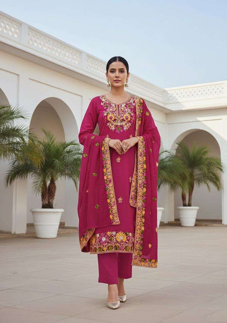 Red Embroidery Silk Kurta Set - Indya