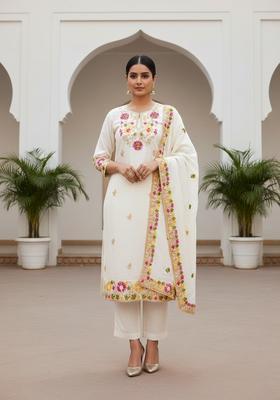 White Embroidery Silk Kurta Set