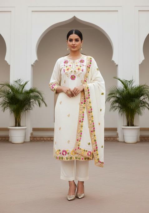 White Embroidery Silk Kurta Set