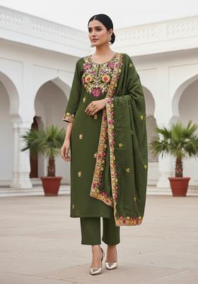 Dark Green Embroidery Silk Kurta Set
