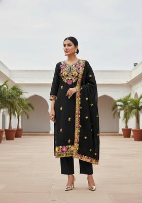 Black Embroidery Silk Kurta Set