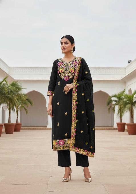 Black Embroidery Silk Kurta Set