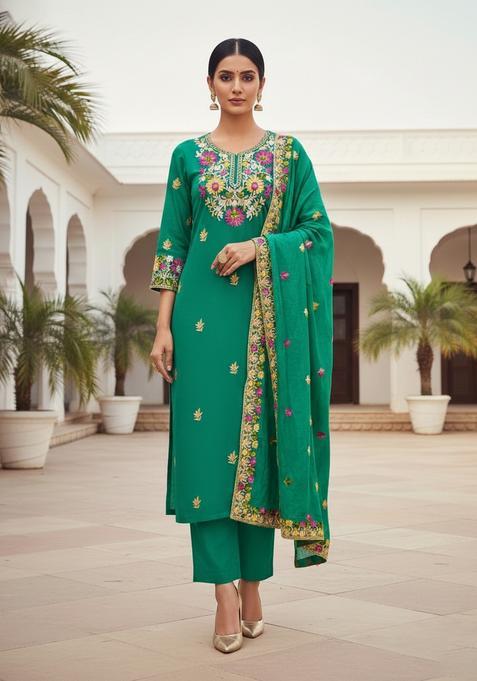 Green Embroidery Silk Kurta Set