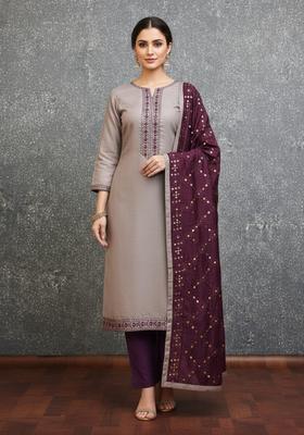 Grey Embroidery Cotton Kurta Set