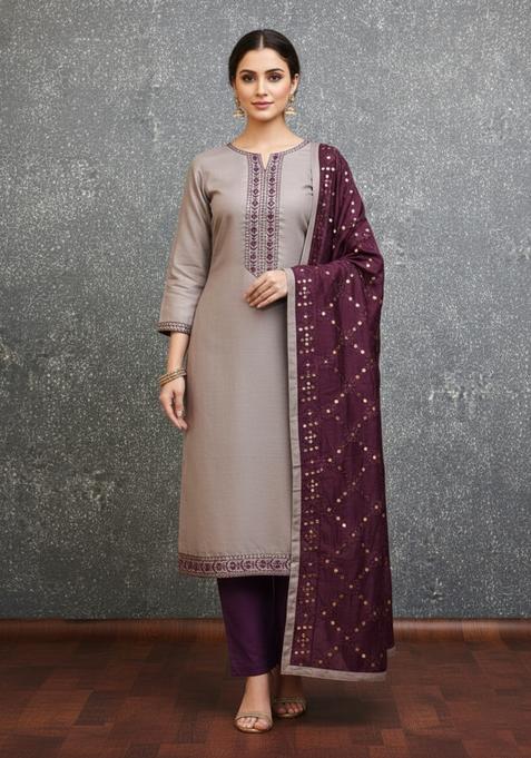 Grey Embroidery Cotton Kurta Set