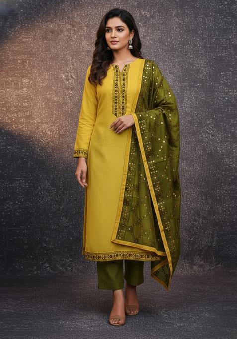 Yellow Embroidery Cotton Kurta Set