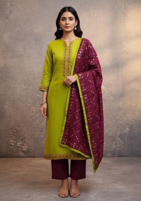 Lime Green Embroidery Cotton Kurta Set