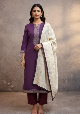Purple Embroidery Cotton Kurta Set