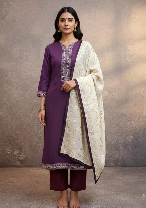 Purple Embroidery Cotton Kurta Set