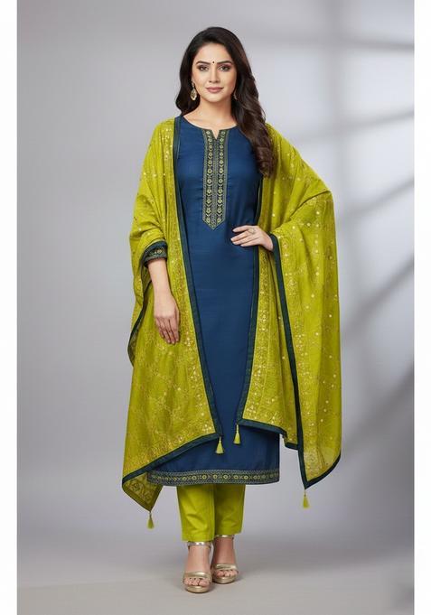 Navy Blue Embroidery Cotton Kurta Set