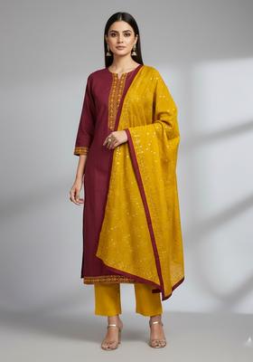 Maroon Embroidery Cotton Kurta Set