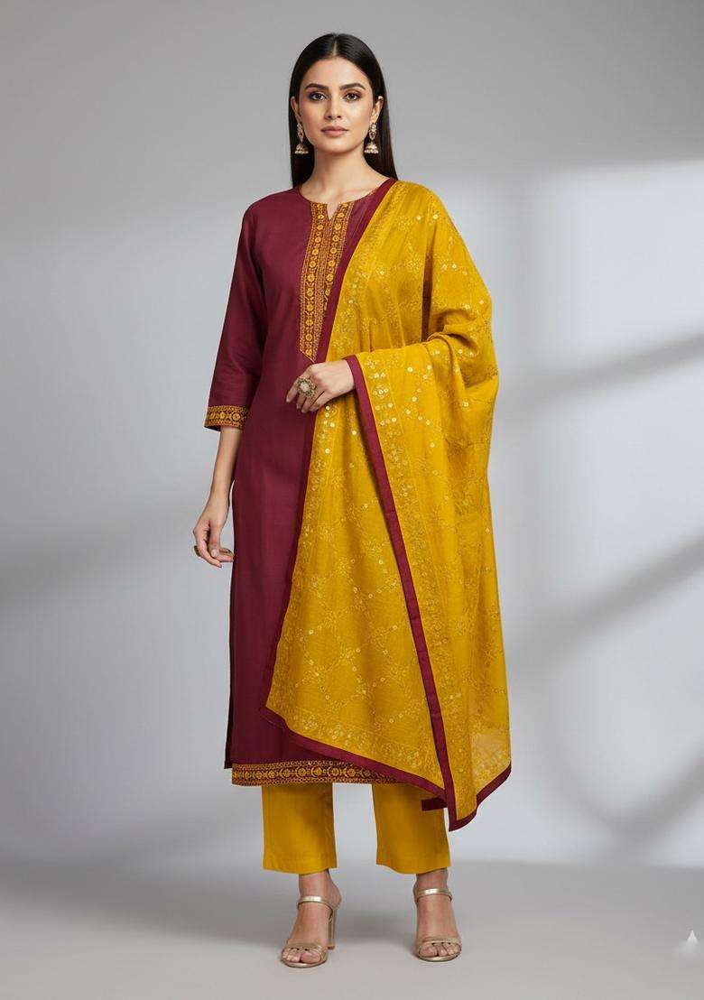 Maroon Embroidery Cotton Kurta Set - Indya