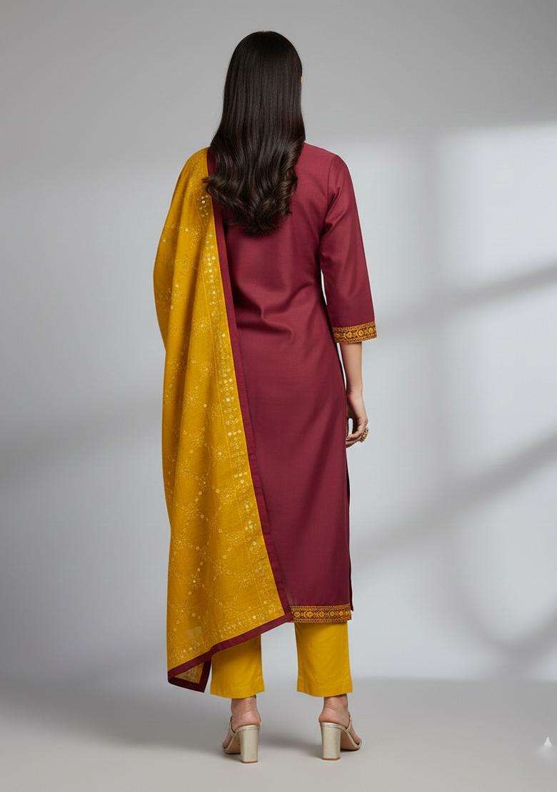 Maroon Embroidery Cotton Kurta Set - Indya