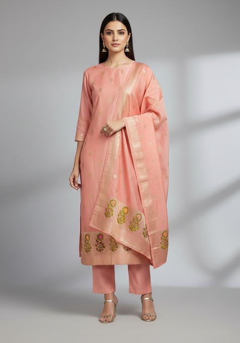 Peach Embroidery Silk Kurta Set