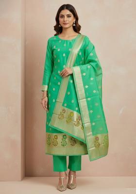 Sea Green Embroidery Silk Kurta Set