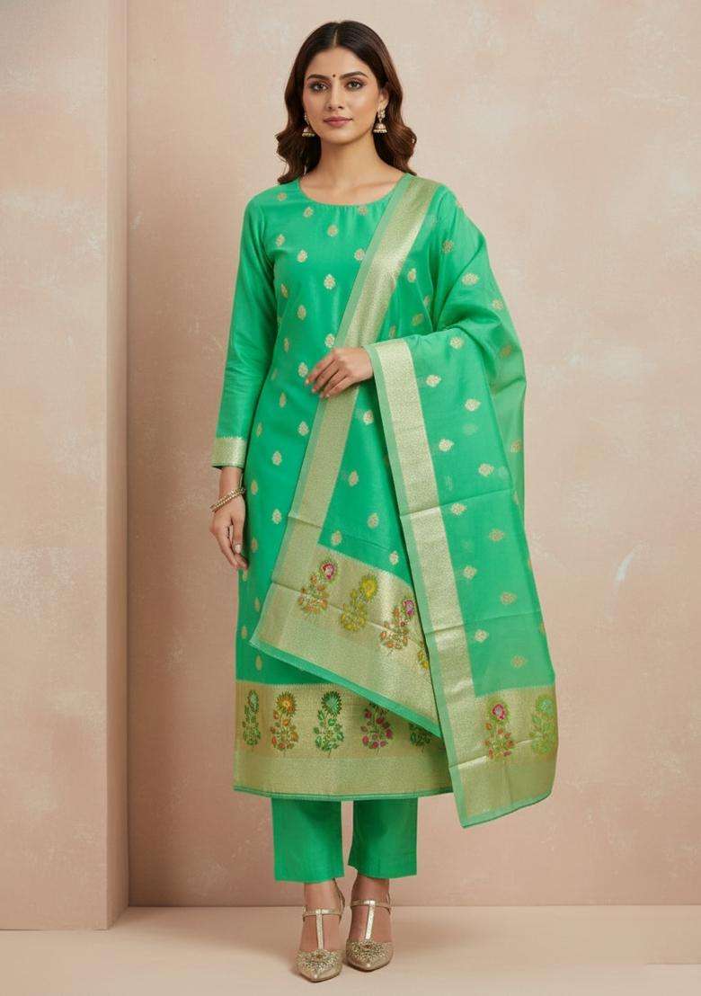 Sea Green Embroidery Silk Kurta Set - Indya