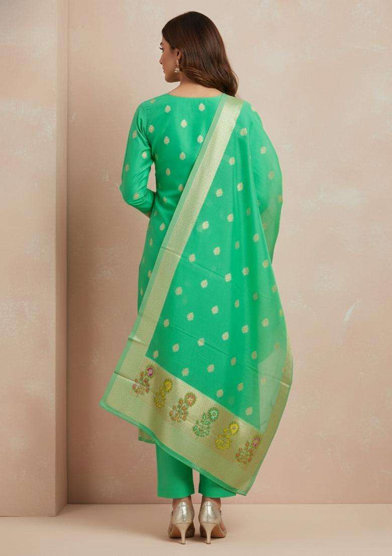 Sea Green Embroidery Silk Kurta Set - Indya