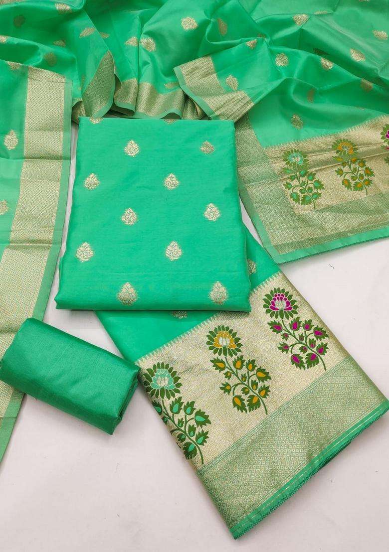 Sea Green Embroidery Silk Kurta Set - Indya