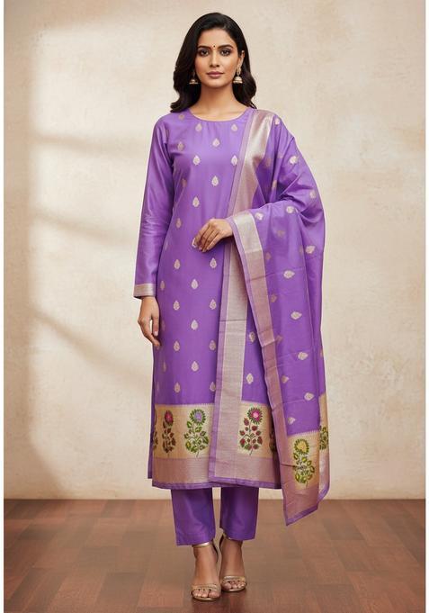 Lavender Embroidery Silk Kurta Set