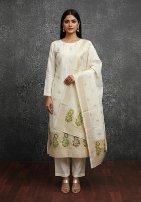 Off White Embroidery Silk Kurta Set