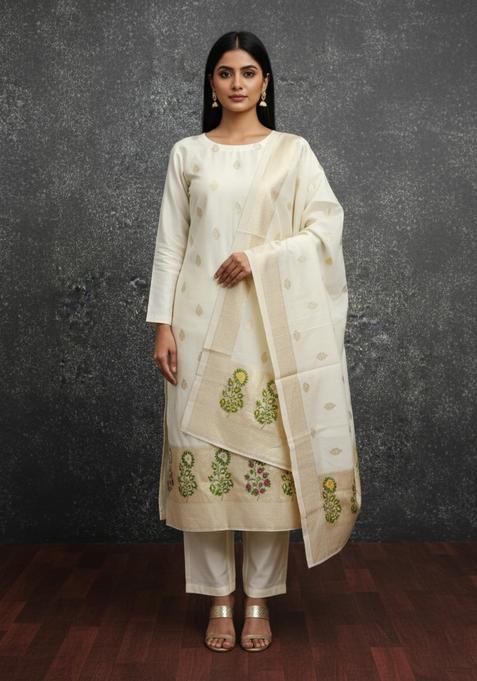 Off White Embroidery Silk Kurta Set