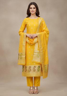 Yellow Embroidery Silk Kurta Set
