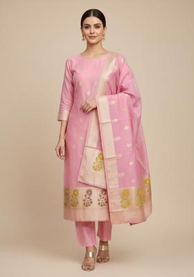 Pink Embroidery Silk Kurta Set