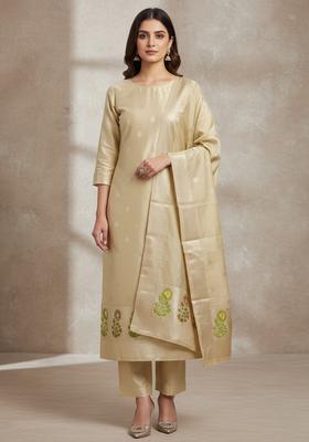 Cream Embroidery Silk Kurta Set
