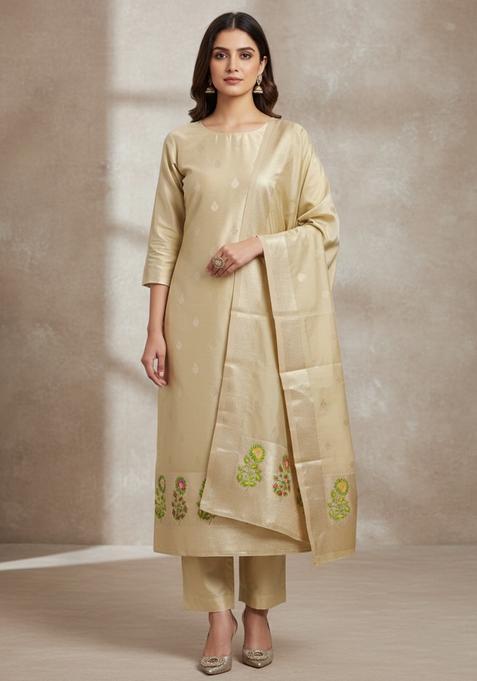 Cream Embroidery Silk Kurta Set