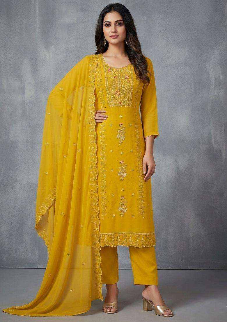 Mustard Embroidery Georgette Kurta Set - Indya