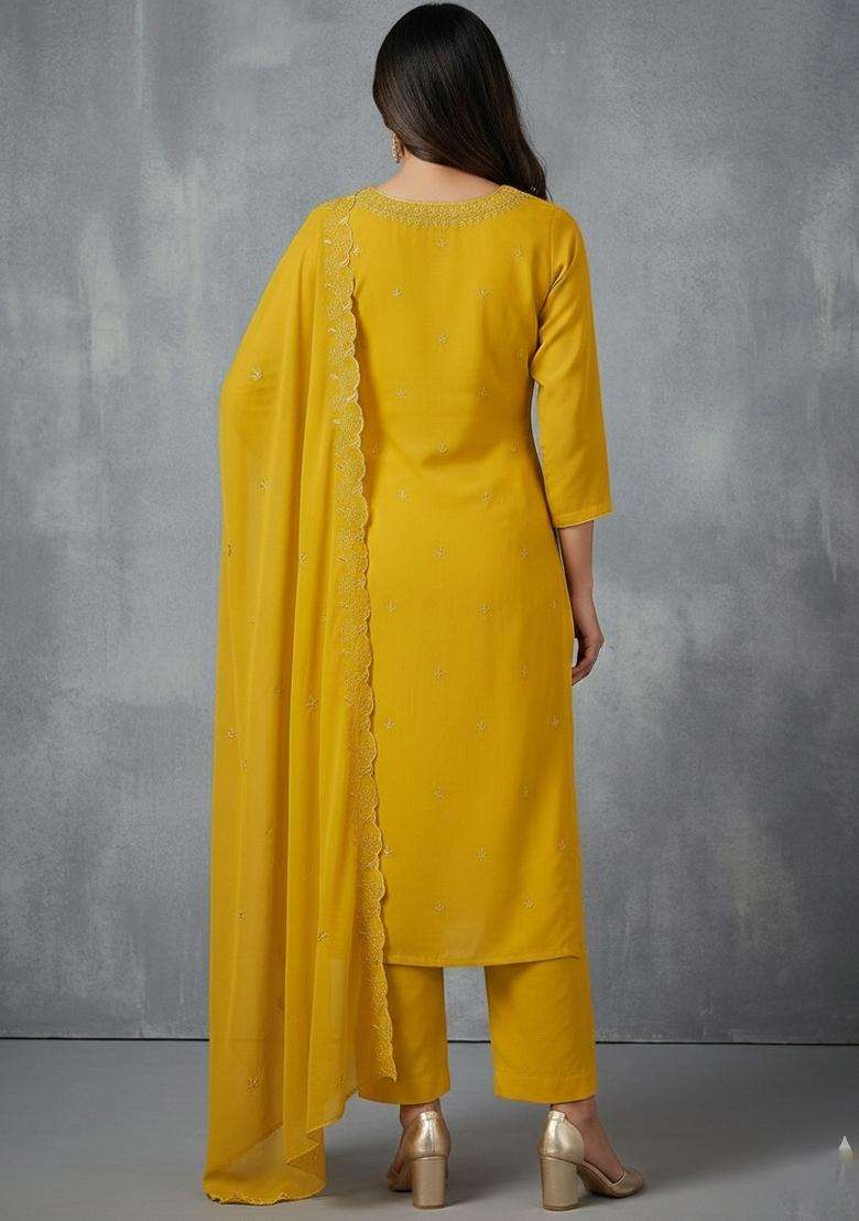 Mustard Embroidery Georgette Kurta Set - Indya