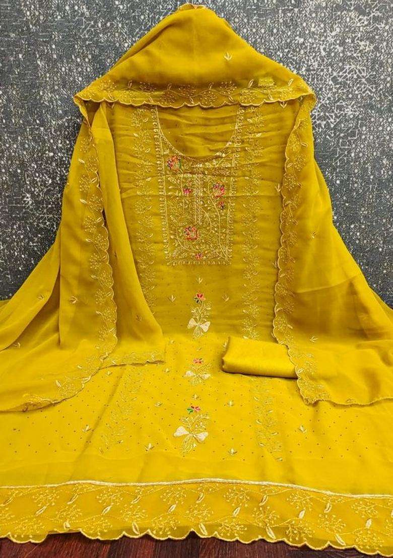 Mustard Embroidery Georgette Kurta Set - Indya