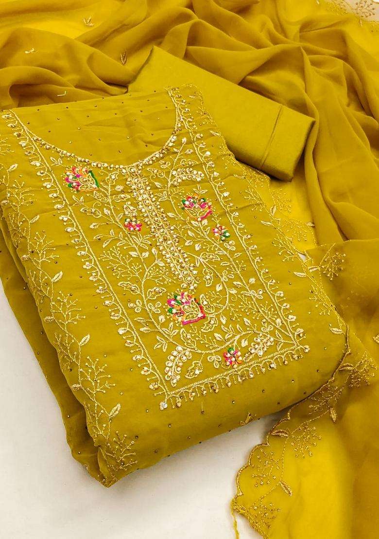 Mustard Embroidery Georgette Kurta Set - Indya
