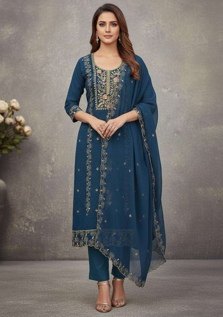 Teal Embroidery Georgette Kurta Set - Indya