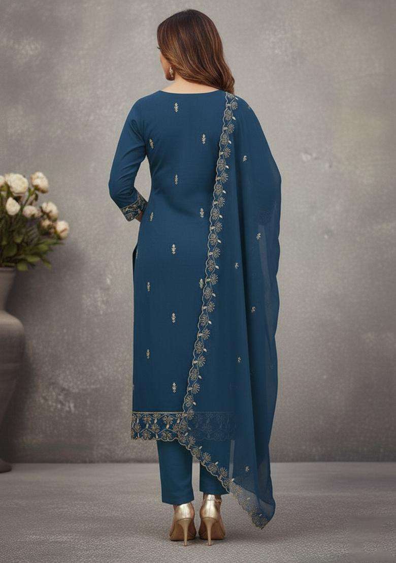 Teal Embroidery Georgette Kurta Set - Indya