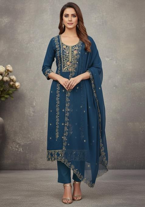 Teal Embroidery Georgette Kurta Set