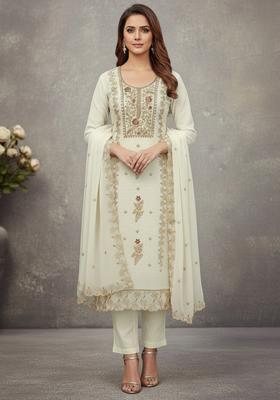 Off White Embroidery Georgette Kurta Set