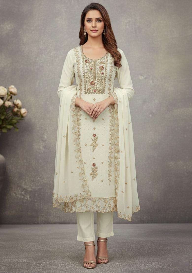 Off White Embroidery Georgette Kurta Set - Indya