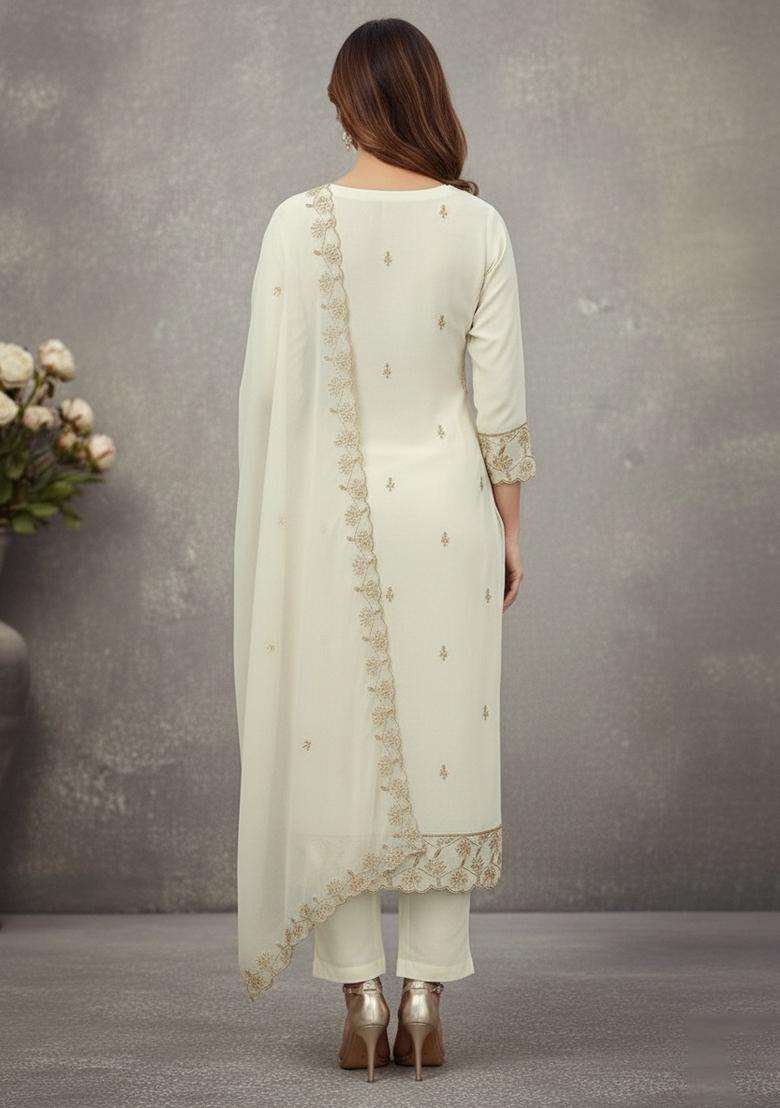 Off White Embroidery Georgette Kurta Set - Indya