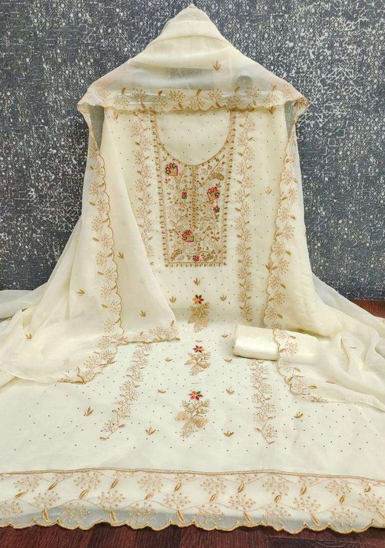 Off White Embroidery Georgette Kurta Set - Indya