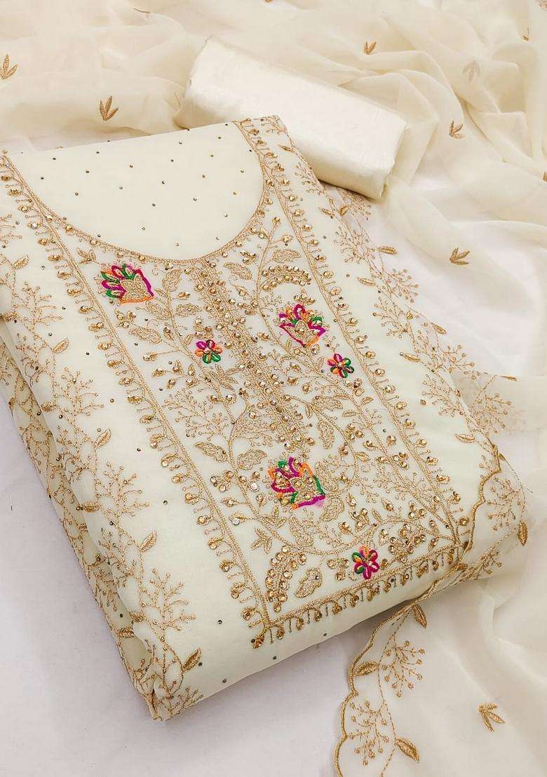 Off White Embroidery Georgette Kurta Set - Indya