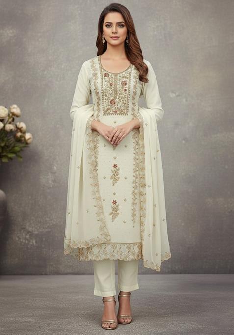 Off White Embroidery Georgette Kurta Set