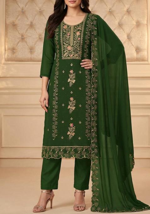 Green Embroidery Georgette Kurta Set