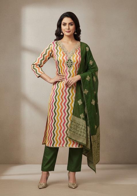 Green Embroidery Shimmer Kurta Set