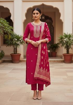 Pink Embroidery Silk Kurta Set