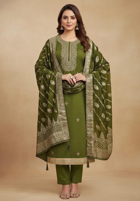 Green Embroidery Silk Kurta Set