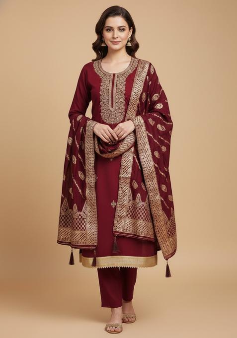 Maroon Embroidery Silk Kurta Set
